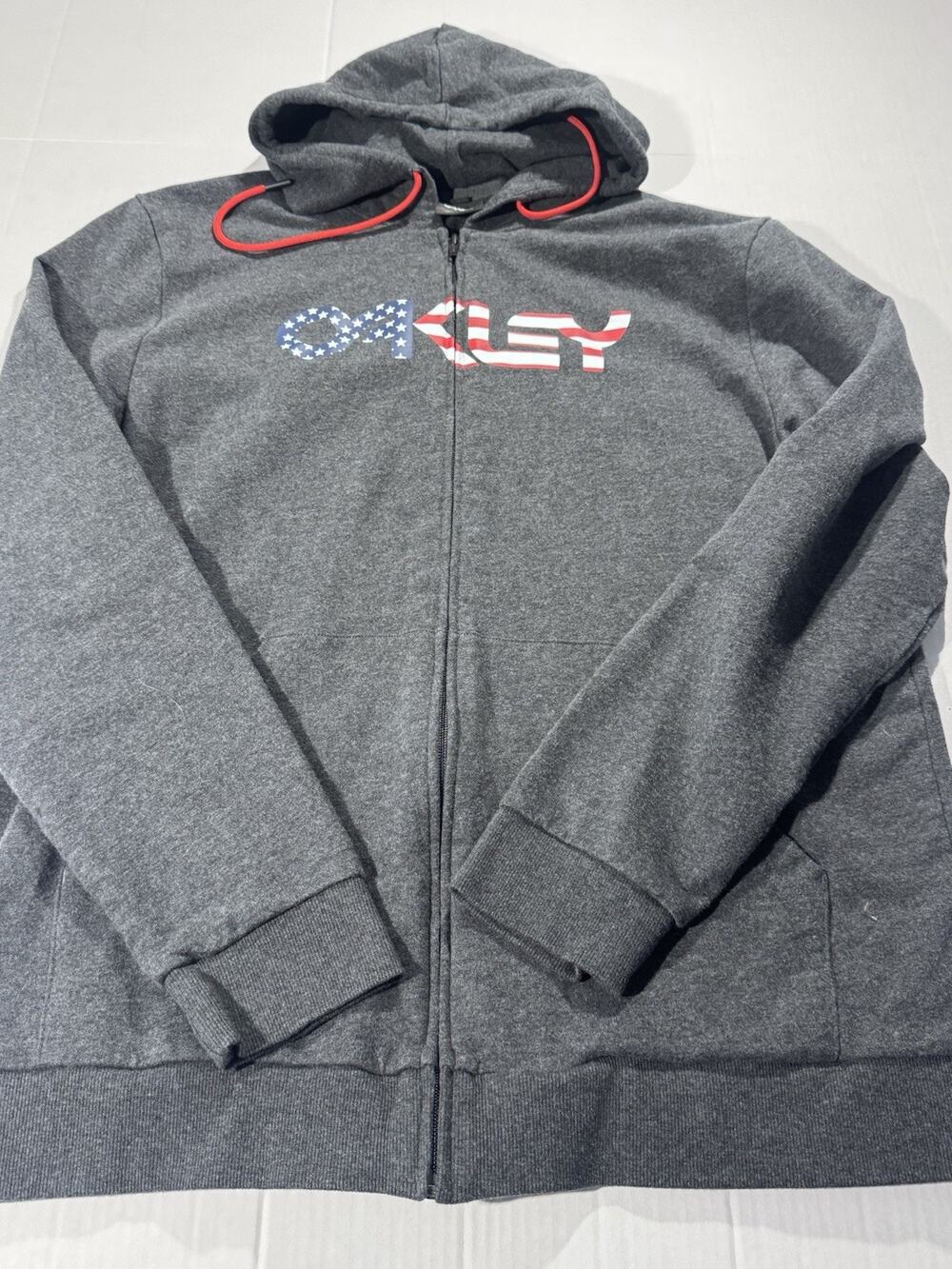 Oakley Men’s XL Gray Fleece Full Zip Hooded Hoodie USA Logo Pockets Regular